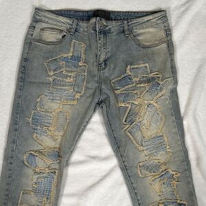 THRT Denim Slim Skinny Stretch Rip Repair Distressed Blue Jeans.